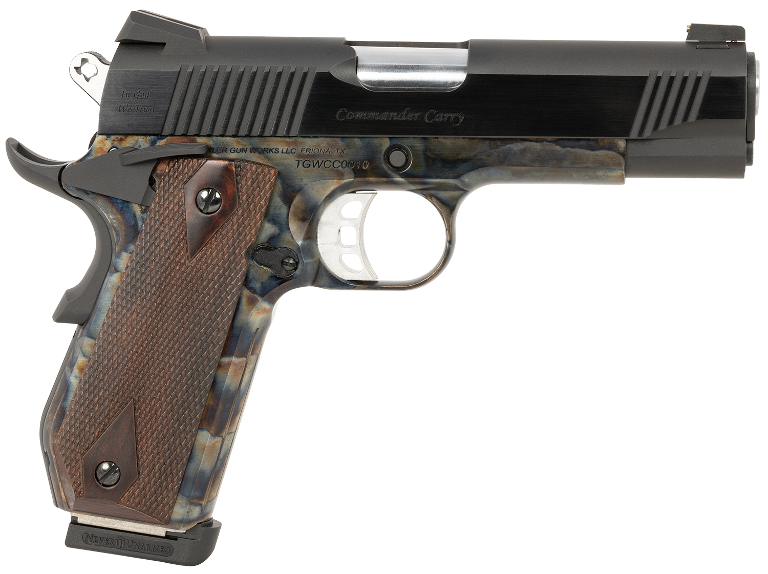 Tyler Gun Works TGWCMCC45 Custom 1911 Commander 45 ACP 7+1 4.25" Stainless Match Grade Barrel, Blued Serrated Steel Slide Color Case Steel Frame w/Beavertail, Walnut Grip