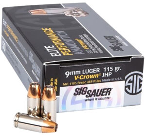 Sig Sauer E9MMA1COMP50 Match Elite Competition  9mmLuger 115gr V-Crown Jacketed Hollow Point 50 Per Box/20 Case