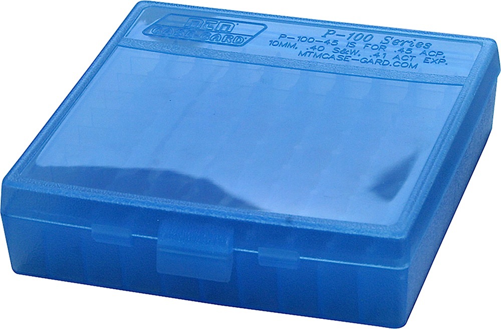 MTM Case-Gard P100924 Ammo Box Flip-Top Multi Caliber Handgun Clear Blue Polypropylene 100rd